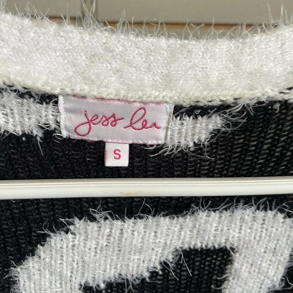 Jess Lea S Black White Cheetah Leopard Open Front Cardigan Pockets Feather Yarn - Picture 3 of 6